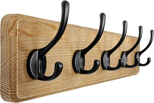 Coat Rack Wall: Patented, Heavy-Duty, 17.4" Long 5-Double-Hooks Wooden Wall Mounted Coat Rack Coat Hanger Hook Rail for Winter Coats Hat Jacket Clothing, Weathered Brown