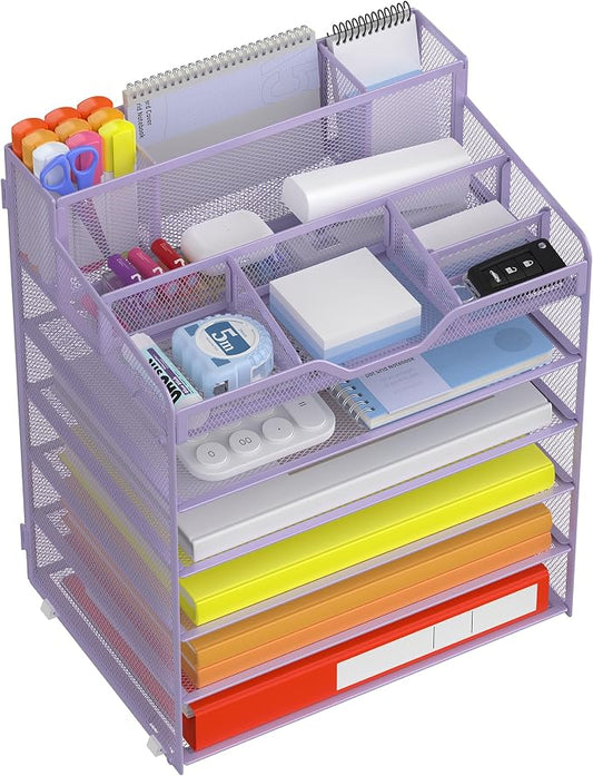 Docnest 6 Tier Mesh Desk Organizer with Letter Tray & Paper Sorter, Purple | Features 3 built-in pen holders & 5 adjustable compartments on top. Includes 4 non-slip rubber feet for desk protection