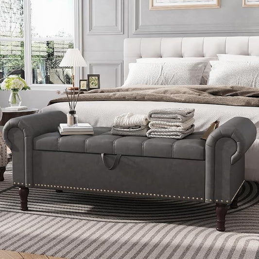Apicizon 51” Bench with Storage, Upholstered Tufted Button Bedroom Bench with Storage, Faux Leather End of Bed Bench with Rolled Arms, Storage Ottoman Bench for Bedroom, Living Room, Entryway, Gray
