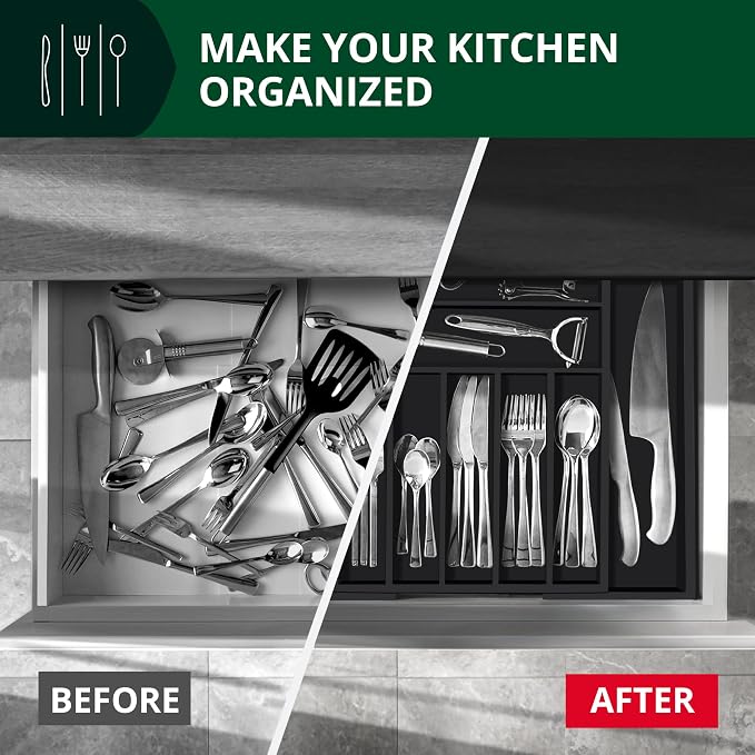 ROYAL CRAFT WOOD Luxury Bamboo Kitchen Drawer Organizer - Silverware Organizer - Utensil Holder and Cutlery Tray with Grooved Drawer Dividers for Flatware and Kitchen Utensils (9 Slot, Black)