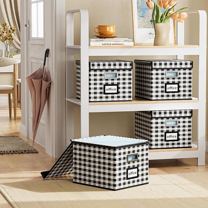 File Organizer Box with Lids, Collapsible File Folder Organizer | File Box with Plastic Slides for Document, Filing Bin for Letter Size Hanging File Folders (1 Pack, Black & White Lattice)