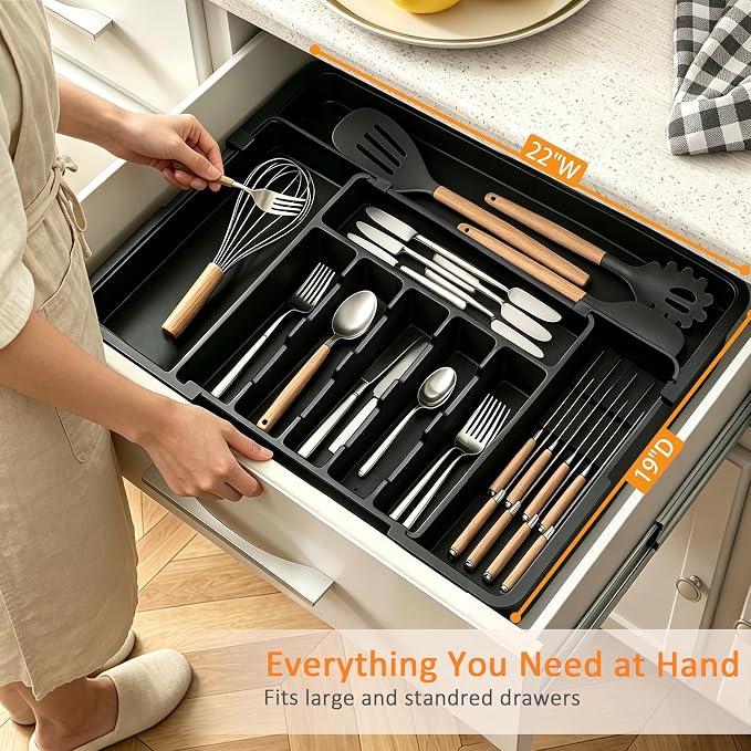 Homecor Silverware Organizer - Expandable Large Kitchen Drawer Organizer Utensil Organizer with 2 Removable Knife Blocks, 22"x 19"Cutlery Tray Drawer Dividers for Kitchen Flatware(6-9 Slots) (Black)