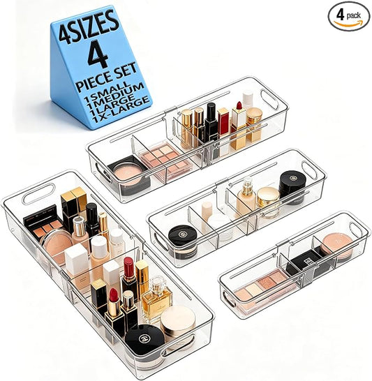 BLULEE 4-in-1 Expandable Drawer Organizer Set, Adjustable Clear Bins | with Dividers for Kitchen, Bathroom, Vanity & Office, Scalable Trays for Cosmetics, Utensils & Desk Accessories (4 Pcs)