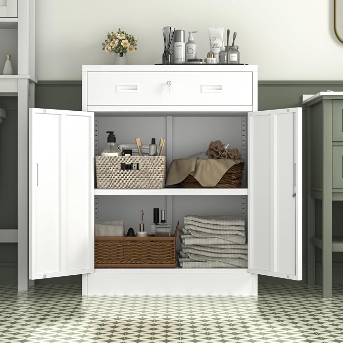 Wanfu Metal Storage Cabinet, Locking Cabinet with 1 Drawer and Adjustable Shelf, 36" H x 28" W x 16" D Steel Storage Cabinet for Office, Garage, Home-White