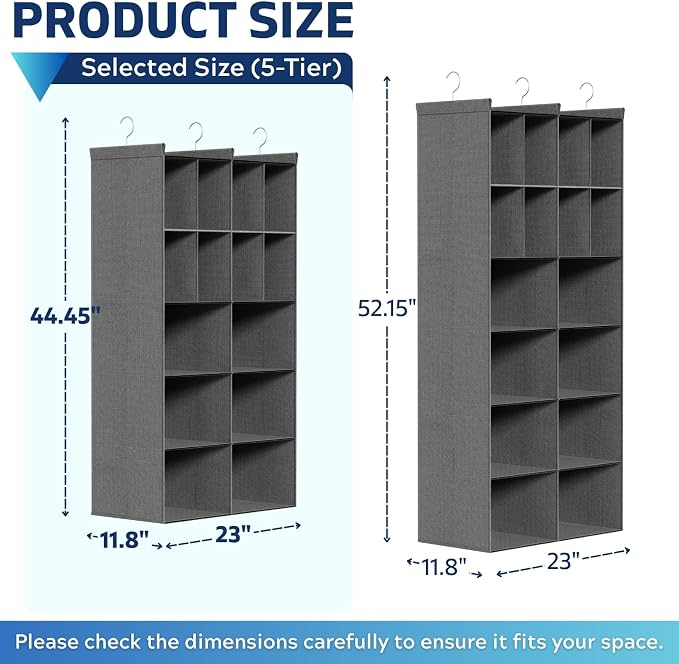 5 Tier Hanging Closet Organizer, 14 Compartments Dual Row Storage, Grey | Closet Organizers and Storage with Large & Small Pockets, 3 Sturdy Hooks Support Heavy Loads, Ideal for Dorm, Garment Rack