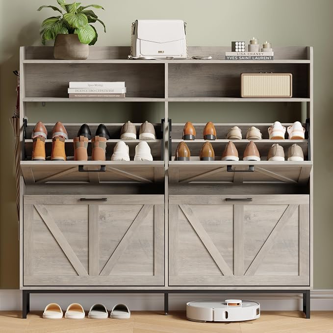 Shoe Cabinet with 4 Flip Drawers, Freestanding Hidden Shoe Storage Organizer for Entryway, Narrow Slim Shoe Rack Cabinet with Open Storage & Hooks for Front Door Entrance, Living Room, Hallway, Grey