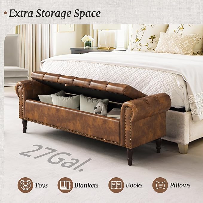Storage Bench Ottoman, 61" Faux Leather Rolled Arm Bedroom End of Bed Bench, Window Bench with Button Tufted and Nailhead Trim for Foot of Bed Bench, Bedroom, Entryway, King Size, Brown