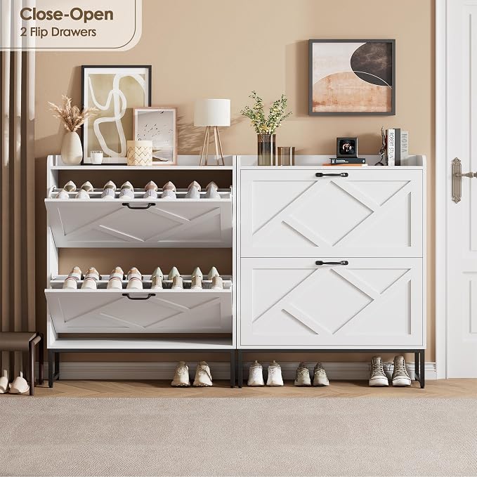 Nicetree Shoe Storage Cabinet with 2 Flip Drawers, Entryway Cabinet, White | Slim Shoe Cabinet with Metal Legs, Narrow Farmhouse Shoe Organizer for Entryway, Foyer, Hallway, Wood Shoe Rack with Hook