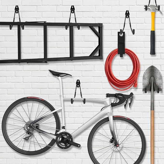 Garage Hooks Heavy Duty, 4 Pack Large 7.5 Inch Ladder Hooks Black | Steel Garage Storage Hooks, For Hanging Bikes, Tools, Chairs, Hoses, Ropes and Other Bulk Items, With Anti-Slip Coating