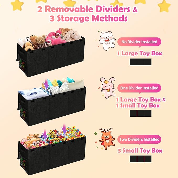 Extra Large Toy Box, Collapsible Toy Storage Organizer, 40"x16"x16", Black | Sturdy Kids Toys Bin Chest with 2 Mesh Pockets and Dividers for Boys Girls, Bedroom & Living room Toy Organization