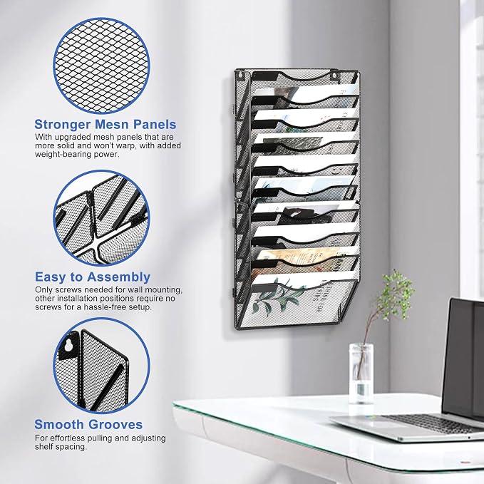 EasyPAG Wall File Organizer for Office 10 Pocket Mesh Wall Mounted Paper Organizer Hanging Folder Holder with Nametag Label for Home School, Black