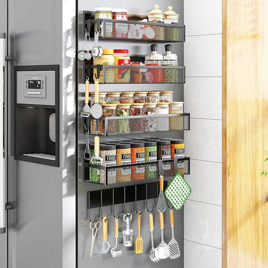 Aufworld Magnetic Spice Rack for Refrigerator, 5 Pack Magnetic Shelf, Moveable Magnetic Fridge Organizer with an 8-Hook Rack, Seasoning Organizer for Kitchen Organization (Extra with 8 Hooks)