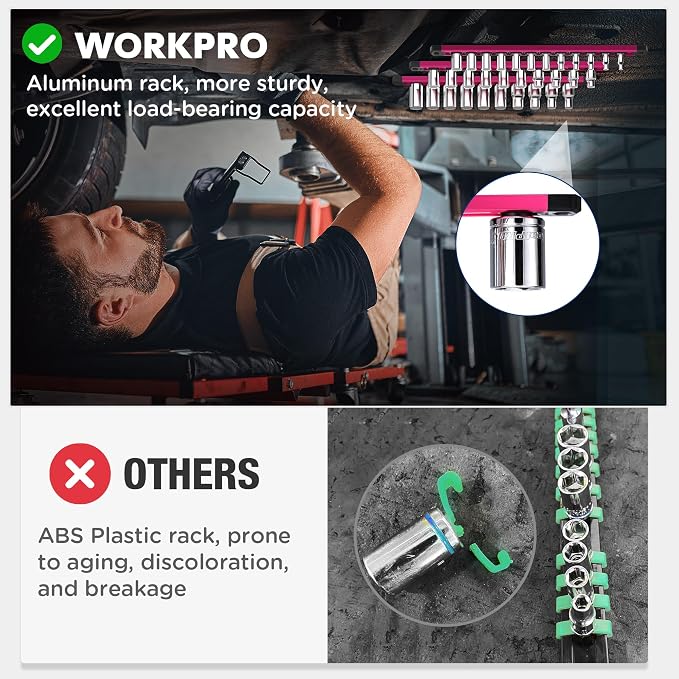 WORKPRO Magnetic Socket Organizer, Heavy Duty 1/4-Inch Drive Socket Rail | 1 Piece Socket Holder with 12 Spots, Aluminum Alloy, Rotatable & Movable Clips, Efficient Organization