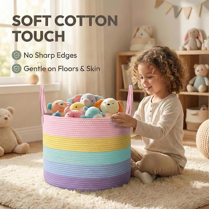JMvicyroam 65L Extra Large Machine Washable Cotton Rope Blanket Basket | Collapsible laundry hamper, Reinforced handles, For blankets, pillows, toys and clothes, Living room and bedroom, Rainbow