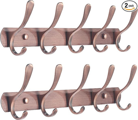 SKOLOO Modern Metal Wall Coat Rack with 5 Hooks, Pack of 2, Sturdy Wall Hook Rack for Hanging Coat, Jacket, Clothes, Hat, Red Copper