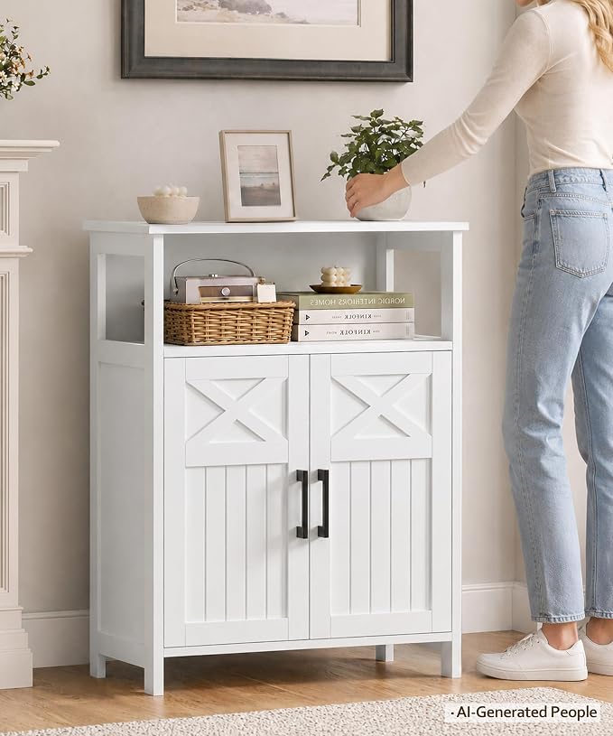 Akxomel Farmhouse Bathroom Storage Cabinet, 11.8" D x 23.6" W Bathroom Floor Cabinet, Small Toilet Paper Cabinet with 2 Doors, Linen Cabinet with Adjustable Shelf for Kitchen, Living Room, White