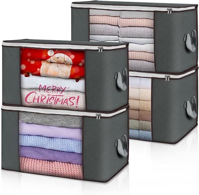 90L Large Storage Bags, 4 Pack Clothes Storage Bins Closet Organizers | Foldable Storage Containers, with Reinforced Handle, for Clothing, Blanket, Comforters, Bed Sheets, Pillows and Toys,Gray