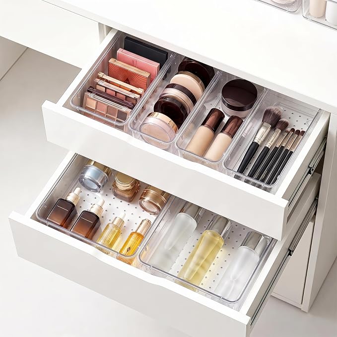 60 Pcs Makeup Drawer Organizer Set, 4 Sizes Versatile Bathroom and Vanity Drawer Organizer for Makeup, Non-Slip Desk Organizer Trays for Bedroom, Office, Fits Jewelry and Office Supplies