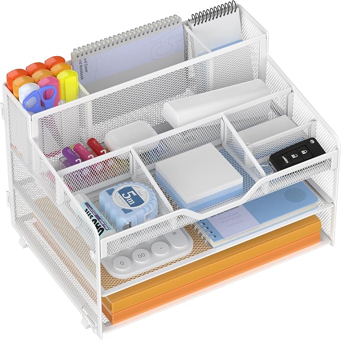 Docnest 3 Tier Mesh Desk Organizer with Letter Tray & Paper Sorter, White | Features 3 built-in pen holders & 5 adjustable compartments on top. Includes 4 non-slip rubber feet for desk protection