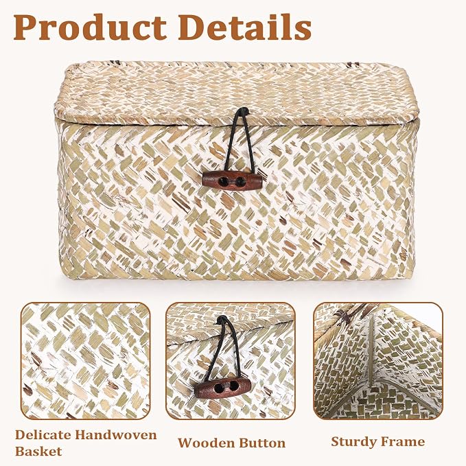 Handwoven Seagrass Basket Small Wicker Basket with Lid,7x4.3x 3.3" | Natural Decorative Box for Shelf, Multipurpose Desktop Organizer Bin for Key & Remote Control, Whitewash