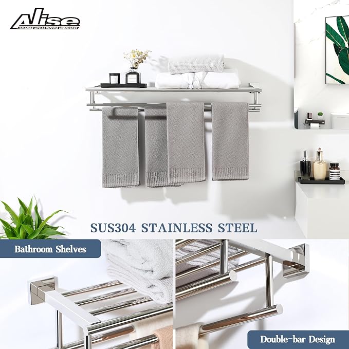 Alise 32 Inch Double Towel Rack for Bathroom Wall Mounted,Polished Chrome | SUS304 Stainless Steel Towel Rack with Shelf,Bathroom Tower Holder Towel Shelf with Double Towel Bars for Bath Kitchen