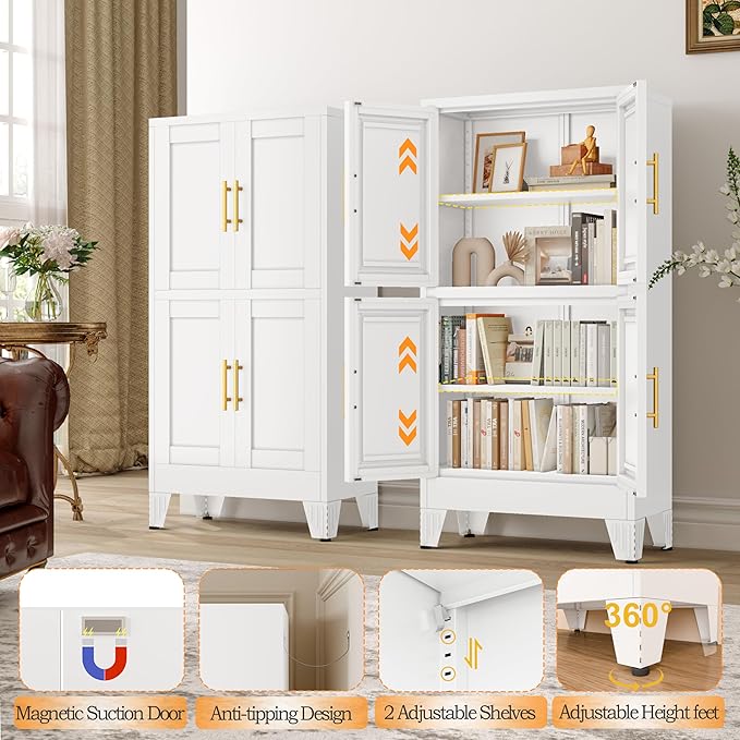 GAIOUS 47.25" Metal Pantry Cabinet, Storage Cabinets with 4 Door and 2 Adjustable Shelves, White Bathroom Cabinet, Freestanding Cupboard for Kitchen Dining Living Room Bathroom