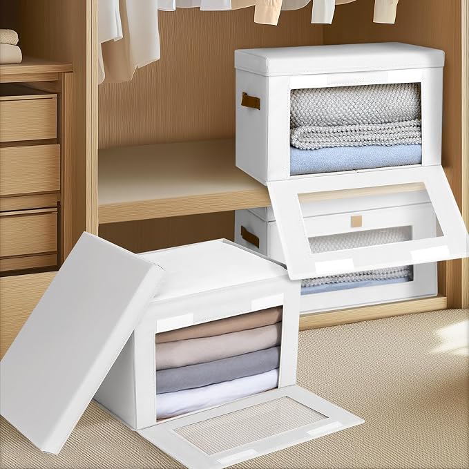 Homsorout Large Clothing Storage Bins - Collapsible Boxes with Handles & Window, Decorative Organizer Bins with Lids, Fabric Containers for Living Room, Dorm, 6 Pack, White