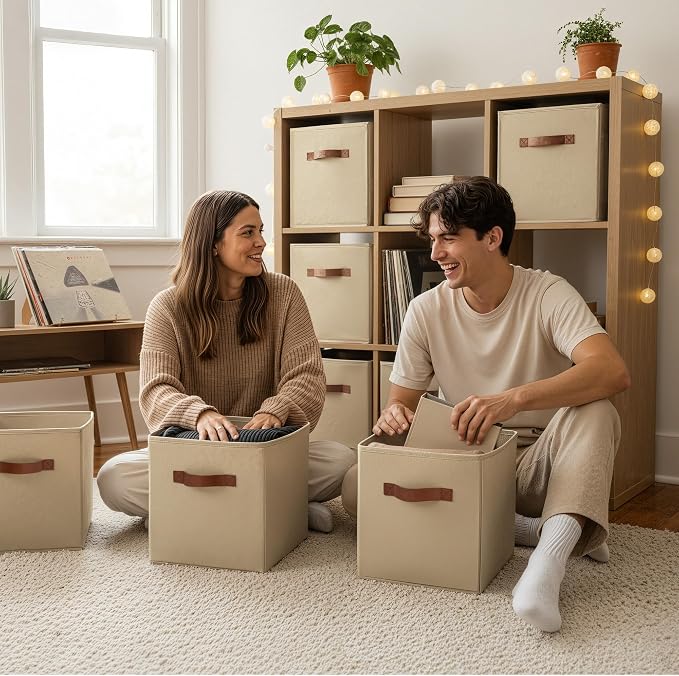 GRANNY SAYS Cube Storage Bins, 11 Inch Cube Storage Organizer with PU Handle, Khaki, Foldable Clothing Organizer Bins, Storage Baskets for Shelves, Closet, 6-Pack