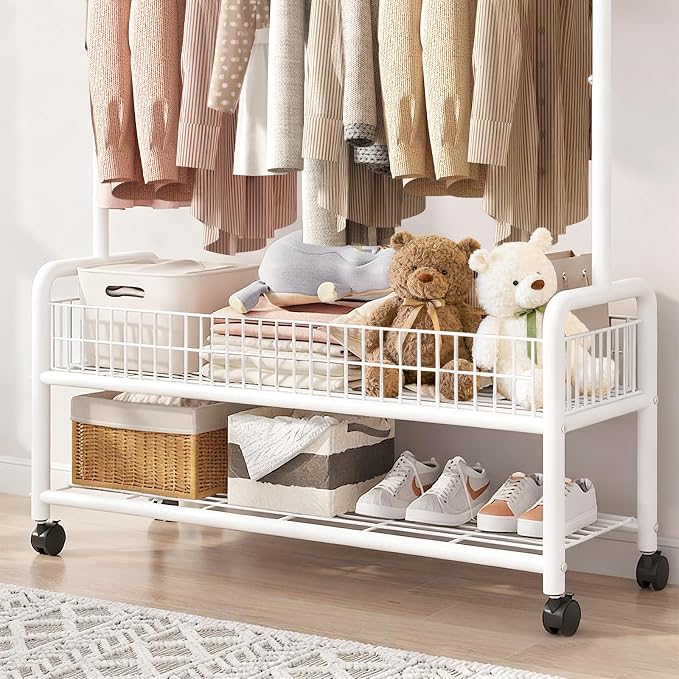 MYUPDALIN Clothes Rack with Shelves, Clothing Rack with Wheels, Multifunctional Hangers with Storage Baskets and Shoe Racks, Ideal for Bedrooms and Living Rooms (White, Bold 90cm/35in)