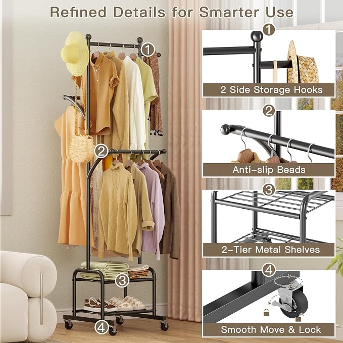 Rolling Clothes Rack with 2 Shelves, Small Metal Clothing Rack with Wheels | Gasvadivum 71" Tall Sturdy Garment Rack with 3 Hanging Rods, Freestanding Portable Coat Rack for Bedroom, Entryway, Black