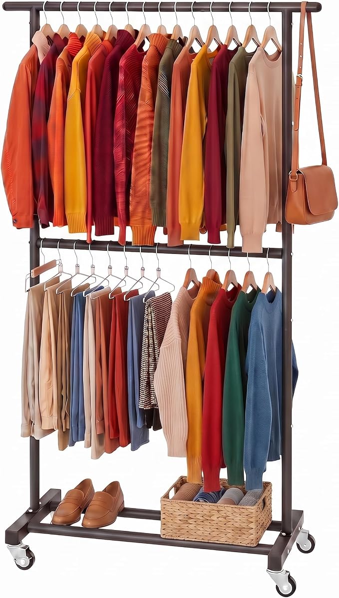 Sywhitta Double Rod Metal Clothing Garment Rack on Wheels, Black | Rolling Clothes Organizer, for Hanging Clothes,Coats,Easy to Assemble,Space-Saving,Mobile Organizer for Closet