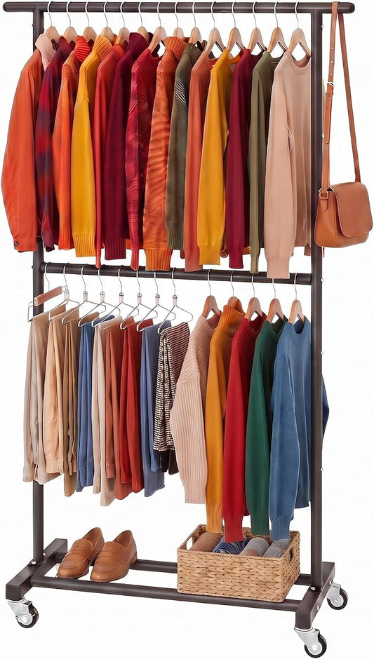 Sywhitta Double Rod Metal Clothing Garment Rack on Wheels, Black | Rolling Clothes Organizer, for Hanging Clothes,Coats,Easy to Assemble,Space-Saving,Mobile Organizer for Closet