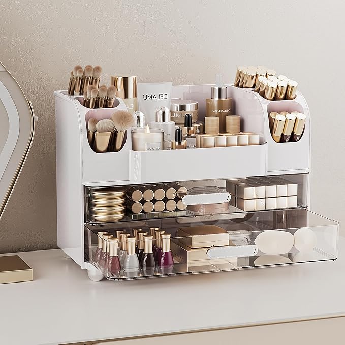 Delamu Large Makeup Organizer Countertop with 6 Brush Holders, Makeup Organizers for Vanity with 2 Large Drawers, Easy to Store Skincare, Lipsticks, Nail Polishes, Perfumes, Eyeshadow Palettes, White