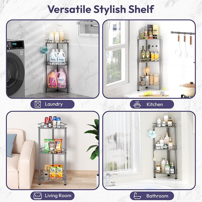 SWTYMIKI Standing Shower Caddy Corner - 3‑Tier Stainless Steel Shower Organizer Shelf with 12 Hooks and Adhesive Pads, Rustproof Corner Shelves Stand Rack for Bathroom Shower Room, Gray