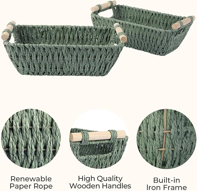 StorageWorks Round Paper Rope Woven Basket with Wooden Handles for Gifts, Small Woven Baskets for Shelf, Bosana Green, 2-Pack