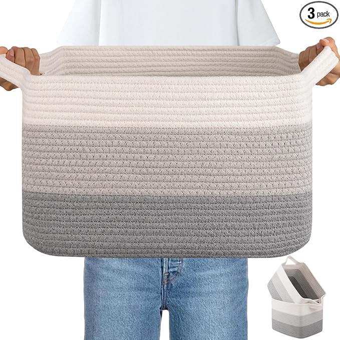 OIAHOMY Woven Storage Basket, Cotton Rope Baskets for Toys,Towel, Clothes, Used to Bathroom,Living Room,Nursery,Bedroom, 16"x12"x10"- Pack of 3, Gradient Gray