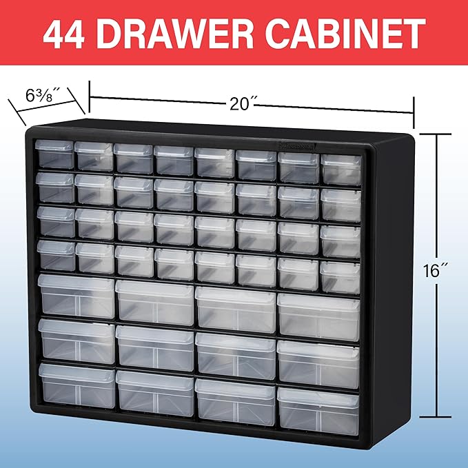 Akro-Mils 44-Drawer Plastic Storage Cabinet, 20"W x 6"D x 16"H, Yellow | Plastic Cabinet w/ Drawers for Garage Organization, Beads, Building Bricks Storage, Teacher Toolbox, Makeup Organizer, 10144