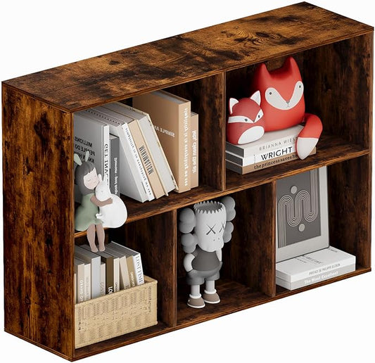 Book Shelf, Wooden Cube Storage Organizer with 11" Open Cubes, Stackable Bookcase for Room Divider Storage, 2 Tier Bookshelf for Living Room, Bedroom, Office (Indonesian Antique Oak, 5-Cube)