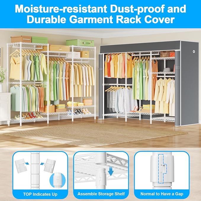 E13C Heavy Duty Closet Organizer System，Freestanding Clothing Racks for Hanging Clothes，Adjustable Garment Rack 63" W x 16" D x 77" H Hold 960 lbs，White Clothing Rack with Grey Dustproof Cover