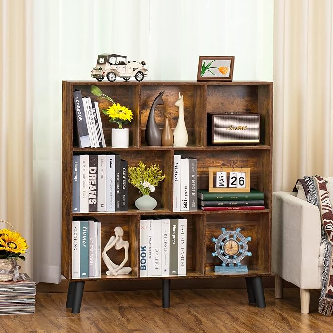 LEYAOYAO 8 Cube Bookshelf, Mid-Century Modern Book Shelf with Legs, Brown | 3 Tier Bookcase, Rustic Wood Bookshelves Freestanding Large Storage Organizer, Open Shelves for Bedroom, Living Room, Office