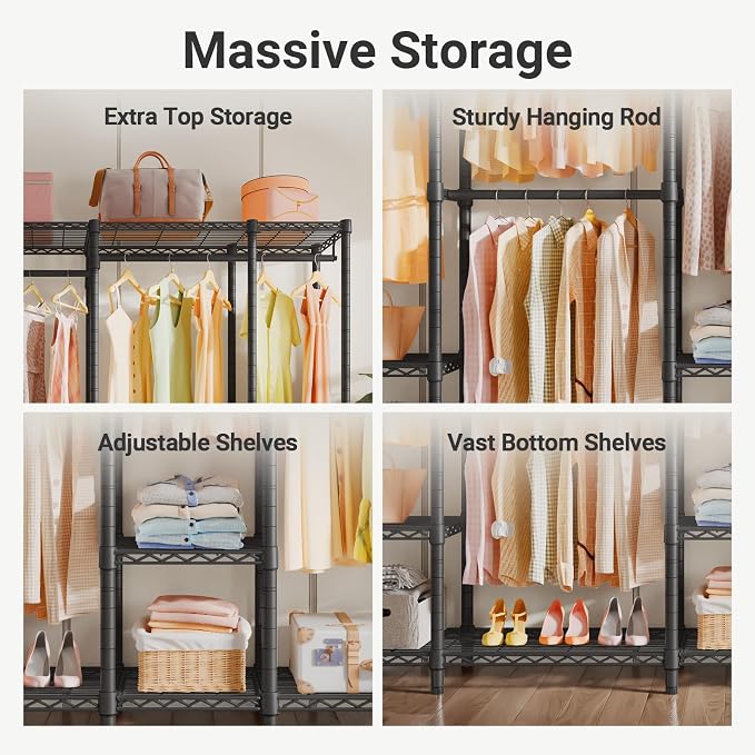 VIPEK V50 Heavy Duty Clothes Rack with Adjustable Shelves, Black | 1300 Lb Capacity, 10 Shelves, 4 Hanging Rods, Open Closet, L-Shape/Straight, Heavy-Duty Steel, for Bedroom/Reach-In Closet