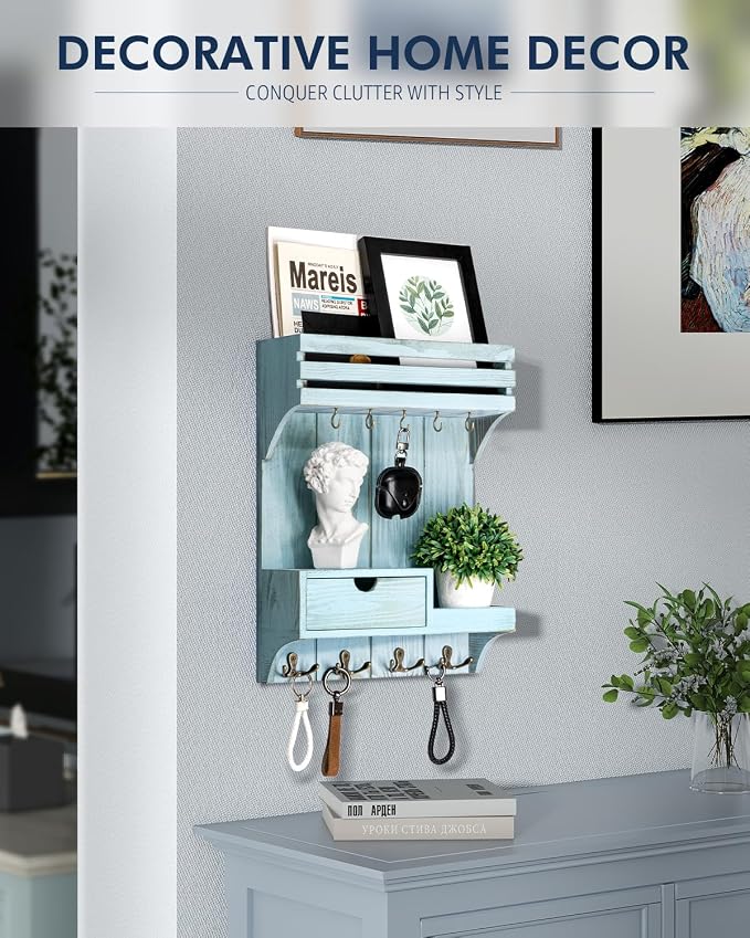 Rebee Vision Key Holder Wall Mount with Drawer & Shelf for Entryway, Blue | Sturdy Wood, Key Holder for Wall, 9 Sturdy Hooks, Floating Shelf, Plant Display, Drawer Organizer, Mail Sorter, Home Decor