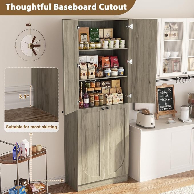 Cyclysio 80" Kitchen Pantry, Extra Tall Arch Storage Cabinet with 4 Soft Close Doors and Adjustable Shelves, Freestanding Wood Cupboard with Seamless Fit Wall for Dining Living Room Bathroom Furniture