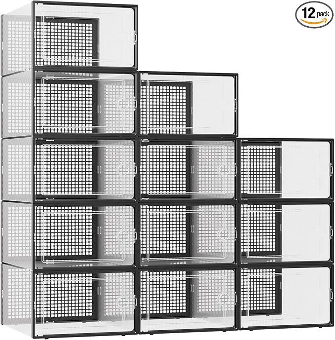 Kuject XXX-Large Shoe Storage Boxes 12 Pack, Clear Stackable Shoe Organizer | Shoe Case for Closet, Entryway & Under-Bed Storage, Drop-Front Design, Space-Saving Solution for Family Organization,Black