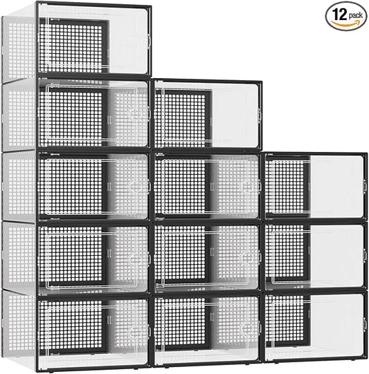 Kuject XXX-Large Shoe Storage Boxes 12 Pack, Clear Stackable Shoe Organizer | Shoe Case for Closet, Entryway & Under-Bed Storage, Drop-Front Design, Space-Saving Solution for Family Organization,Black