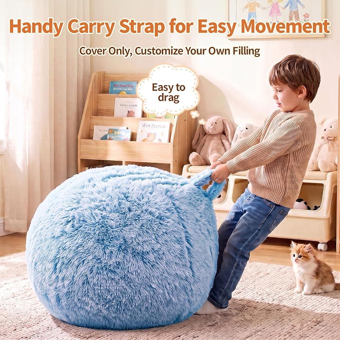 Stuffed Animal Storage Bean Bag Chair Cover, Soft Bean Bag Cover | Fluffy Faux Fur Stuffed Animal Storage Chair, Non-Slip Bottom, Fill with Plush Toys or Blankets, for Kids Teens Adults Girls