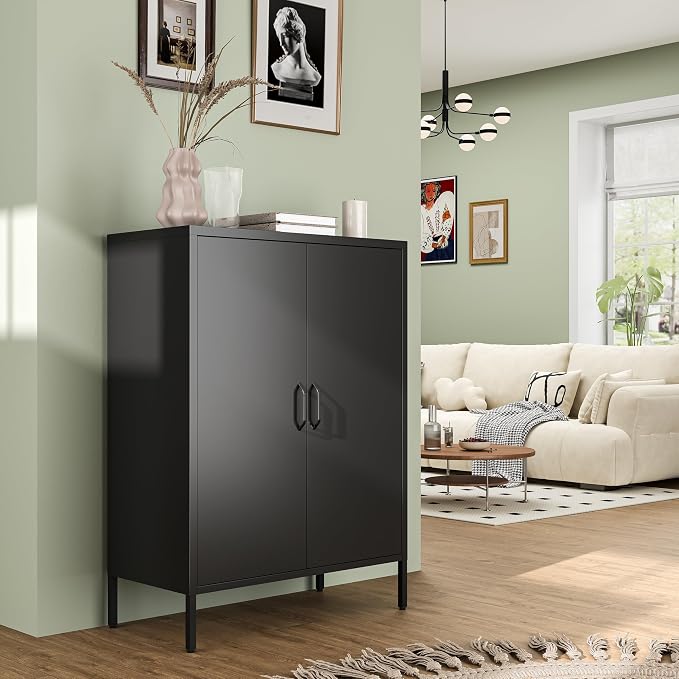 Bevivog Metal Locker Storage Cabinet, Home Office Metal Storage Cabinet Small Sideboard with 2 Doors and 2 Adjustable Shelves,40" Counter Cabinets for Office Garage Bathroom Living Room Hallway