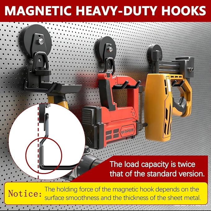 3-H Heavy Duty Magnetic Hooks,No-Drill Garage Power Tool Holder, 2 Pack | Patented Extended Right-Angle Support boosts load capacity. Works on iron & steel surfaces, perfect for workshop,shed