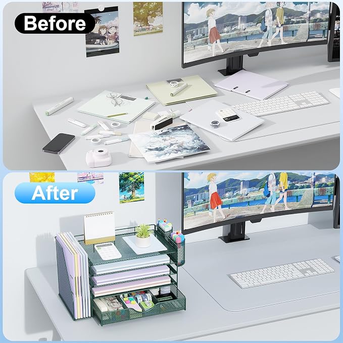 gianotter 5-Tier Desk Organizer with Drawers and File Holders | Letter Trays and Pen Holders - Workspace Accessories for Office Supplies (Green)
