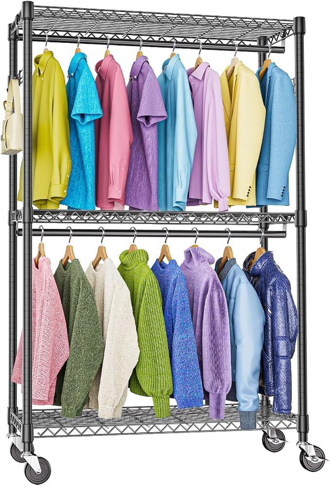 M MZG Heavy Duty Rolling Garment Rack 3 Tiers Adjustable Wire Shelving Clothes Rack with 2 Rods and Side Hooks,Storage Closet Clothing Rack with Wheels Black 15.7" D x 45.3" W x 79.6" H